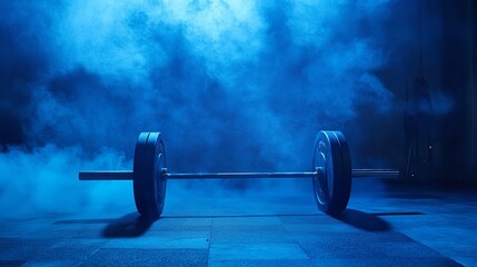 Barbell weight on a gym floor illuminated by blue light and surrounded by smoke. Represents bodybuilding strength and power, heavy lifting, fitness training, and weightlifting in an empty room 