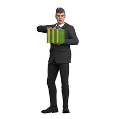 Cartoon Professional Lawyer. A male lawyer stands with the body leaning to the right and both hands carrying a green gift. 3D Male