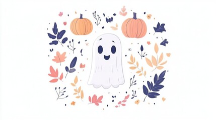 Fototapeta premium Cute Ghost with Pumpkins and Fall Leaves Illustration