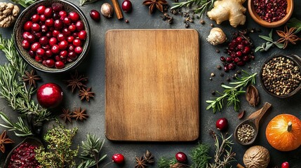 Fototapeta premium Cranberries Spices and Herbs on Wooden Cutting Board