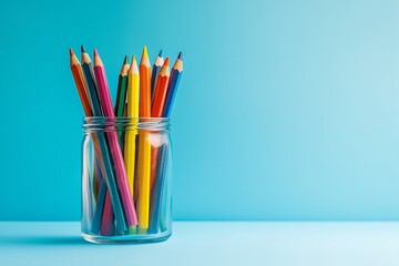 Fototapeta premium Glass jar filled with colorful pencils set against a blue background, with ample copy space. Represents drawing, art school education, and creative painting tools, including a crayon collection 