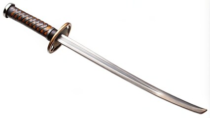 A majestic metallic katana sword, adorned with a supple leather hilt, gleams against a crisp white backdrop, exuding