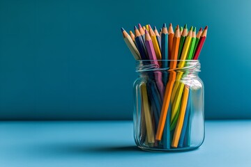 Glass jar filled with colorful pencils set against a blue background, with ample copy space. Represents drawing, art school education, and creative painting tools
