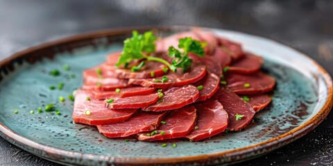 Beef tongue thinly sliced on a plate