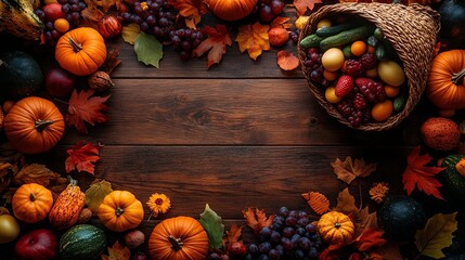 Thanksgiving Fall Harvest Table Top Still Life with Pumpkins  Grapes and Cornucopia