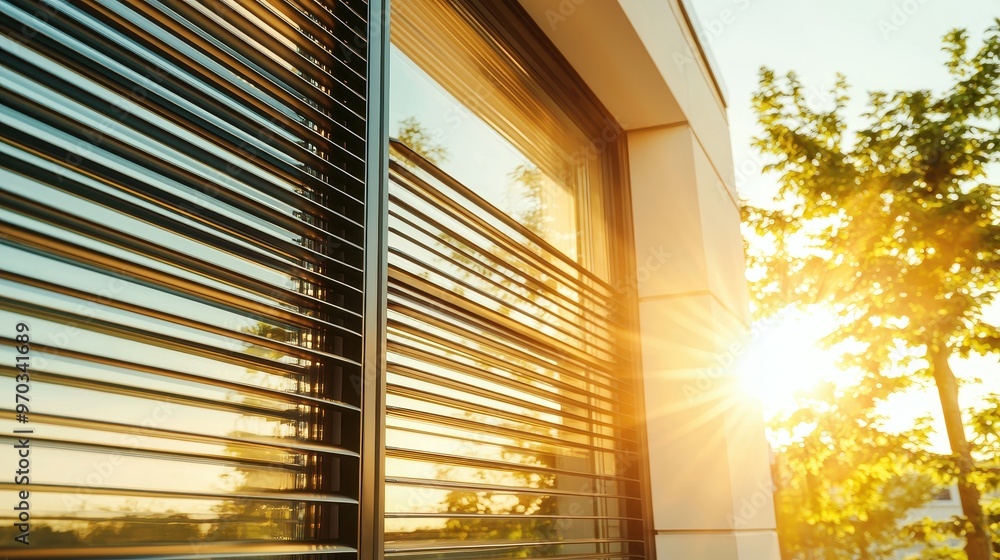 Poster modern window with blinds and sunbeams