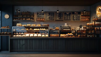 A 3D bakery counter with a glowing menu board, representing the heart of a bakery business