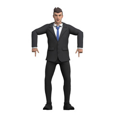 3D Urban Male. A male lawyer stands with both hands parallel to his shoulders and his index finger pointing down. Lawyer Illustration