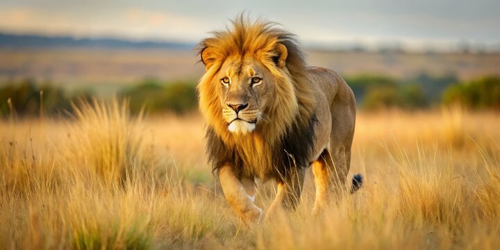 A majestic Transvaal lion strides through the sun-kissed savannah, its tawny coat blending seamlessly with the golden