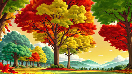 紅葉の森と公園、白い雲と青い空