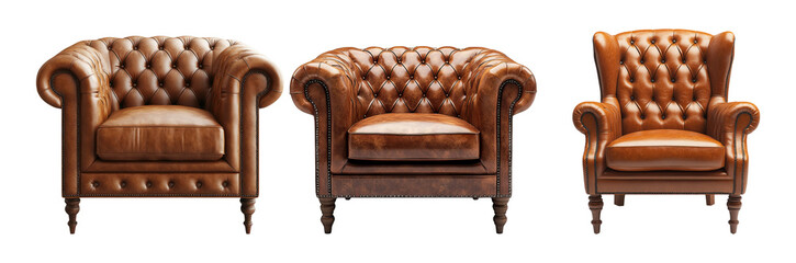 Obraz premium Elegant Brown Leather Armchairs Collection on Transparent Background