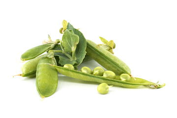 Fresh green peas in and out of pods isolated on white background