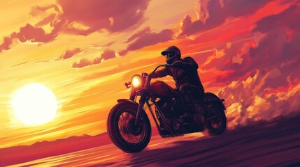 Fototapeta premium A motorcyclist rides a motorcycle on a country road at sunset.