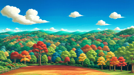 青い空と白い雲と紅葉の山