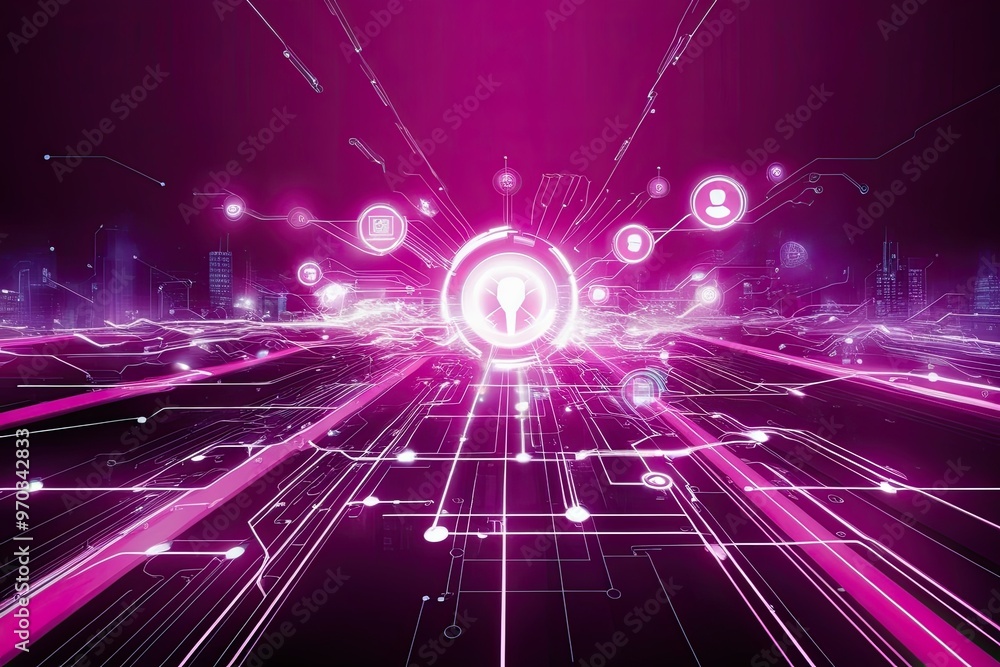 Poster vibrant magenta technology overview showcasing dynamic digital streams and unified communication sys