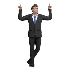 Male Lawyer Cartoon Character. A male lawyer stands with his left foot behind his right foot and both are pointing upwards with his head looking to the left. 3D Legal Illustration
