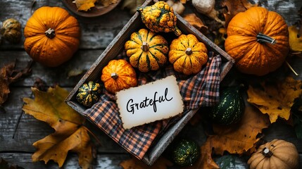 Autumn Pumpkins and Leaves with Grateful Sign