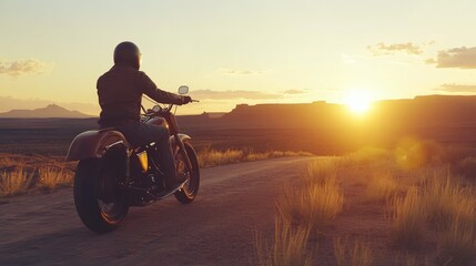 A lone motorcyclist admires the sunset over a vast desert landscape.