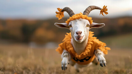 A lively goat dressed in a yellow jester costume with ruffles and tassels, energetically jumping through a grassy field with a joyful expression, set against a warm autumn backdrop.
