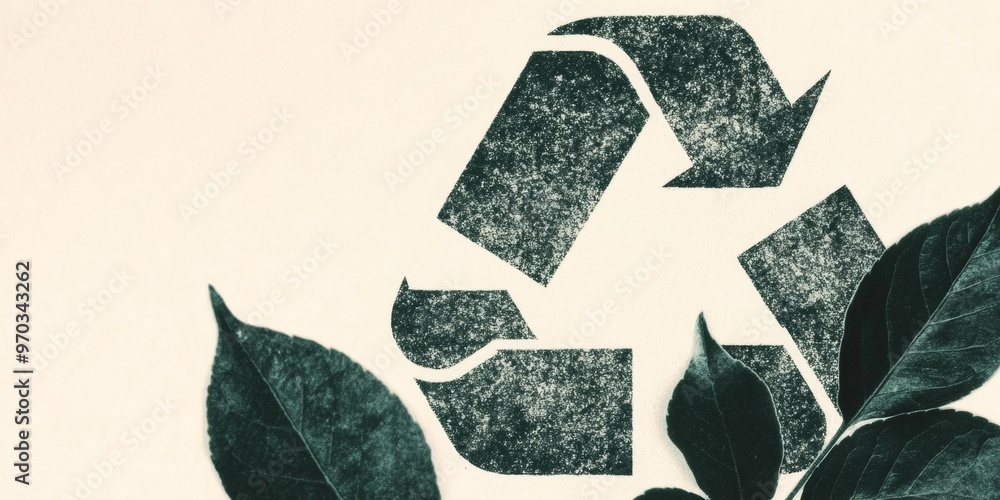 Poster minimalist boho style image of recycling symbol with green leaves on white background