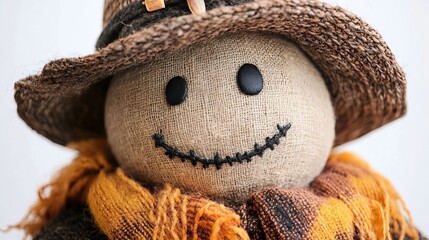 Closeup of a Smiling Scarecrow Face Made of Burlap and Straw