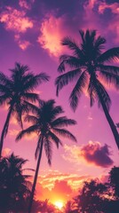 Naklejka premium Tropical sunset with palm trees and vibrant