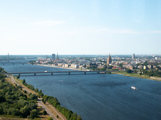 View of the Riga, Latvia skyline with the Island Bridge and other briddges over the Daugava River