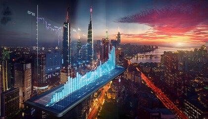 Living cityscape with holographic marketing graphs As the sun sets Shining golden light on the city skyline