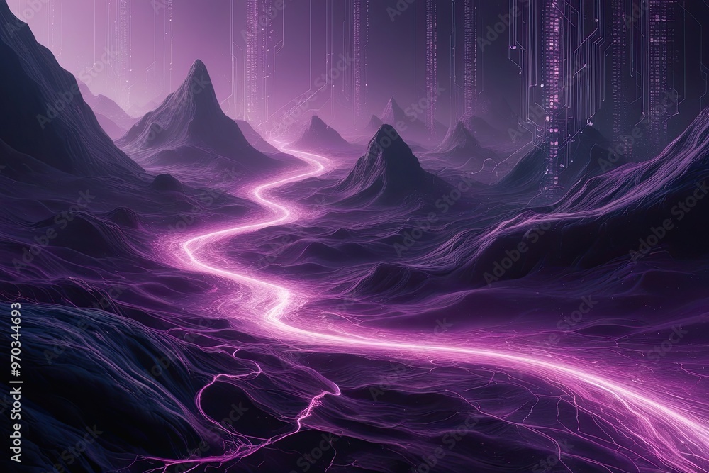 Poster mysterious purple digital landscape featuring dynamic data streams and innovative network architectu