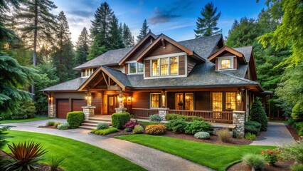 A serene craftsman-style house is nestled among trees in a peaceful forest setting, its natural surroundings creating a