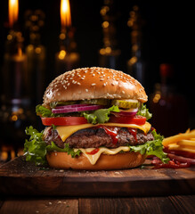 A delicious, delicious burger is placed on a wooden table in the kitchen.