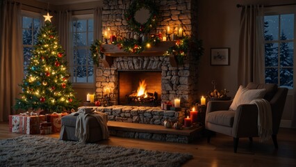 Obraz premium A magical Christmas storybook scene with a decorated tree, festive lights, and a cozy fireplace.