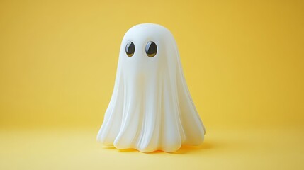 Cute Ghost on Yellow Background   Halloween Decoration 3D Rendering