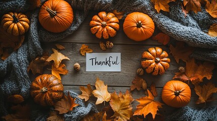 Autumn Leaves  Pumpkins  and Thankful Sign on Rustic Wooden Background