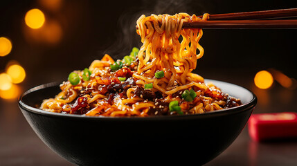 A bowl of noodles with a large serving, full shot, Chinese-style food photography, warm colors, noodles in the air with sauce and vegetables on top,
