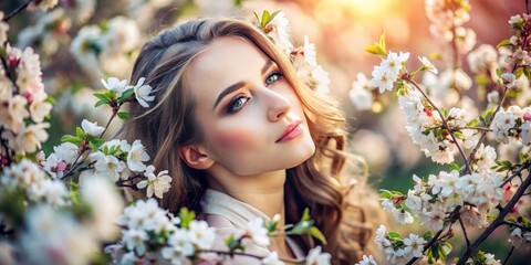 Fototapeta premium A soft-focused portrait of a gentle young woman is set amidst a lush tapestry of blooming flowers, her