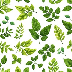 Seamless pattern with diverse fresh natural leaves on white background