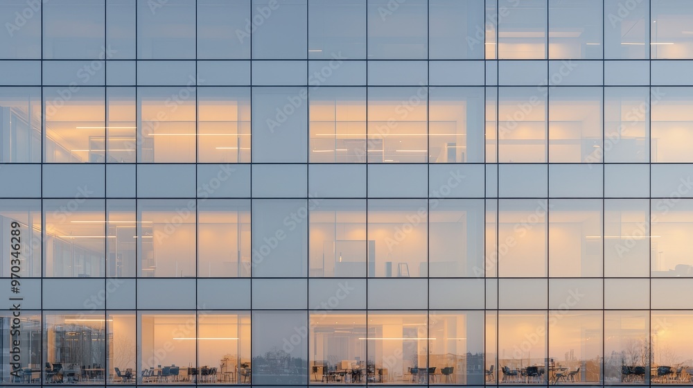 Poster modern office building glass facade with sunset reflection