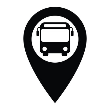 Map pointer with bus vector icon. Bus station location pin symbol. Mark on the map. Global positioning system GPS pictogram.