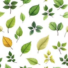 Lush and Fresh Foliage Pattern with Diverse Botanical Leaves on Clean White Background