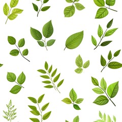 Seamless Pattern of Diverse Lush Green Leaves on Plain White Background