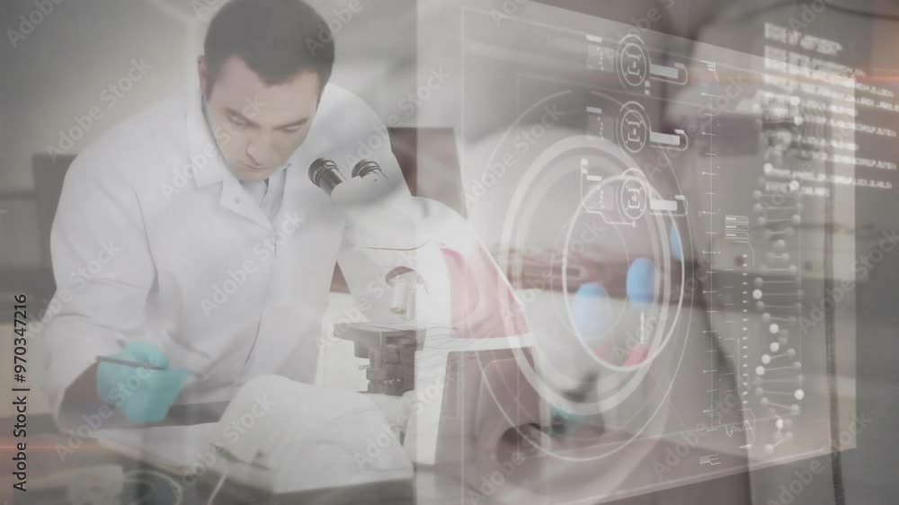 Poster Animation of data processing over caucasian male scientist using microscope