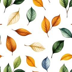 Seamless Pattern of Natural and Fresh Assorted Leaves on White Background