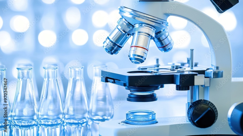 Poster microscope and flasks in a laboratory