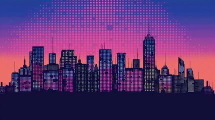 A vibrant city skyline at dusk, featuring a gradient of pink and purple hues with a dotted pattern.