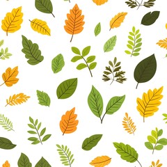 Obraz premium Seamless natural pattern with various fresh and vibrant foliage leaves on white background