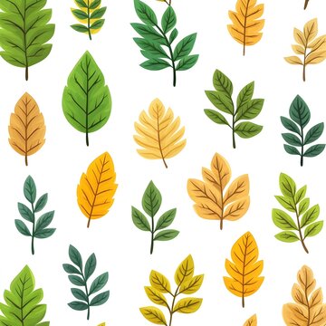 Vibrant Leaf Pattern in Shades of Green and Yellow on Plain White Background