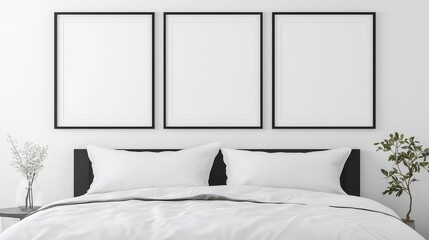 Minimalist Bedroom Interior with Three Black Frames Mockup