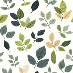 Seamless botanical pattern with various fresh and natural leaves on minimalist white background