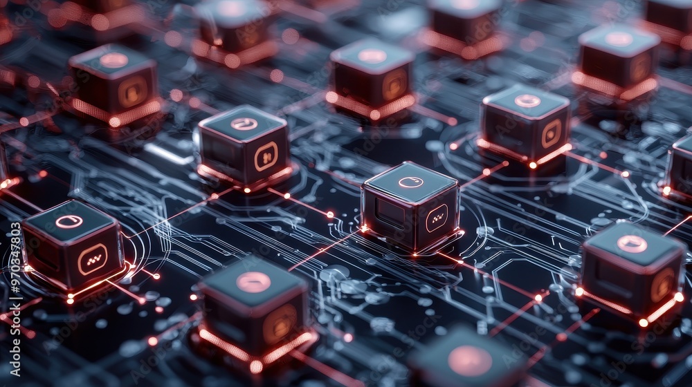 Poster abstract technology background with glowing cubes and circuit board